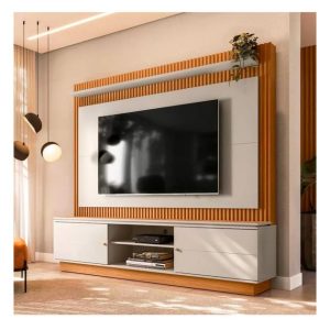 Meuble TV GUARARAPES - Home Theater avec kit bandes LED - Jusqu'à 75 pouces - Gris/Blanc Casse